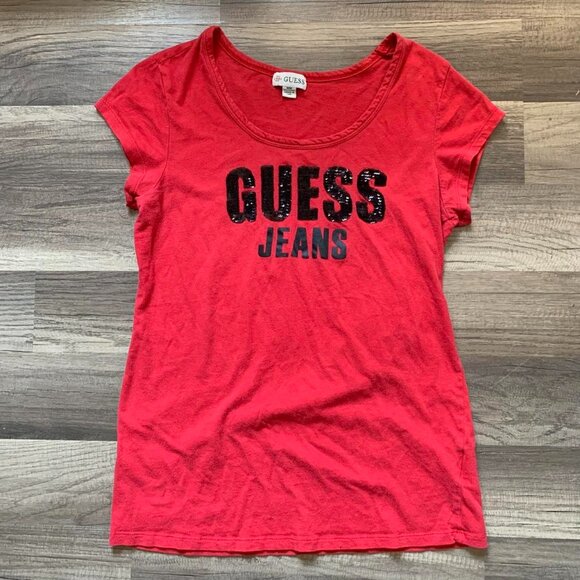Vintage GUESS Jeans Women’s Size M T-Shirt Tee Red Black Short Sleeve Sequin - Picture 1 of 6